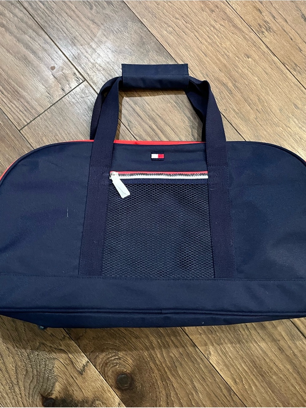 New! Tommy Hilfiger Navy Travel Duffel Tote Bag with red and white accents